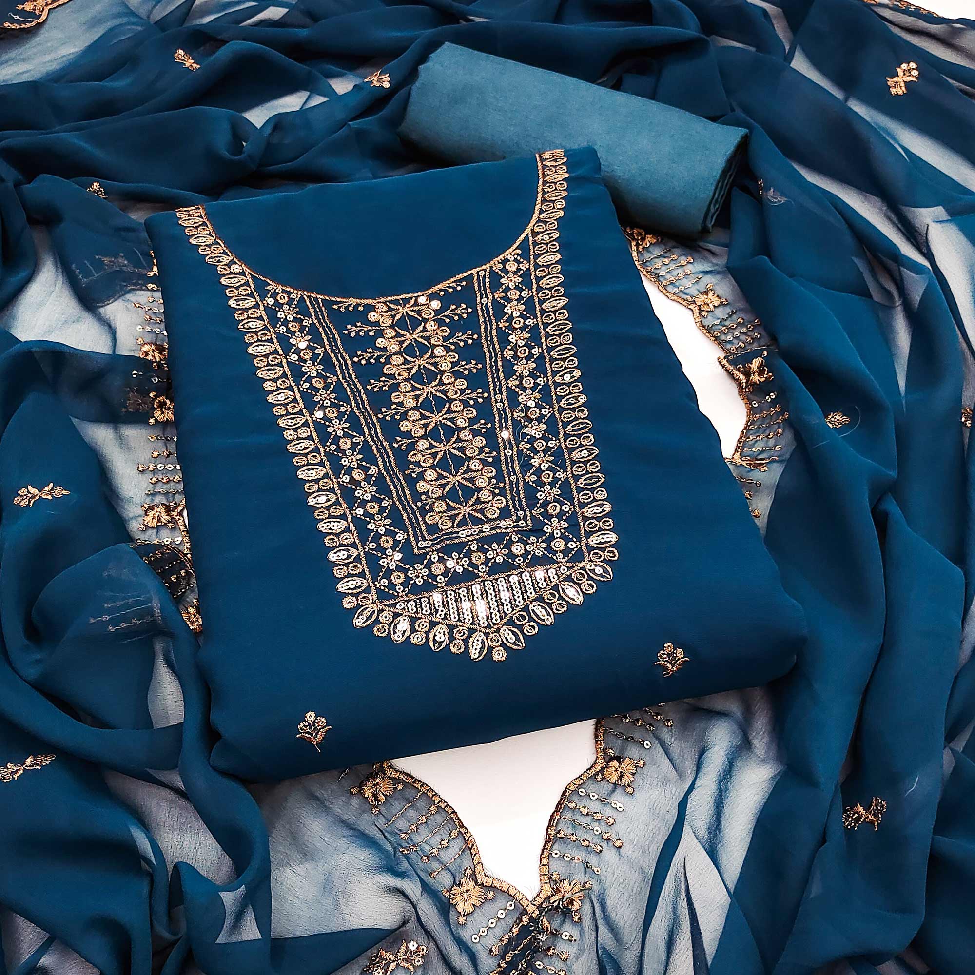 Blue Georgette Dress Material Featuring Floral Sequins Embroidery