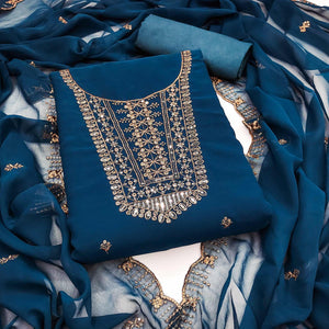 Blue Georgette Dress Material Featuring Floral Sequins Embroidery