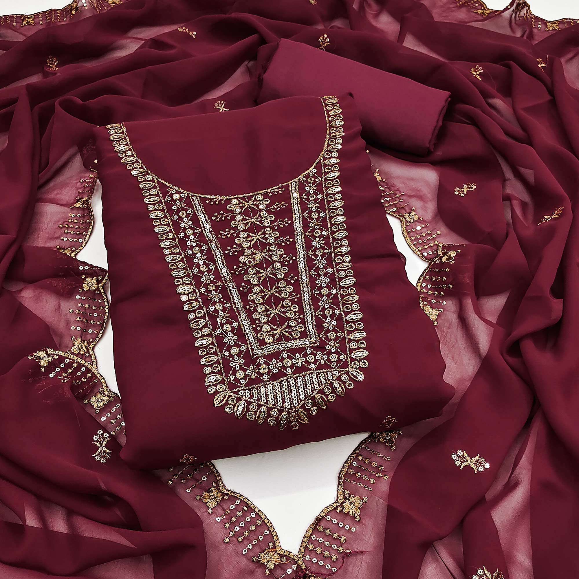 Maroon Georgette Dress Material Featuring Floral Sequins Embroidery