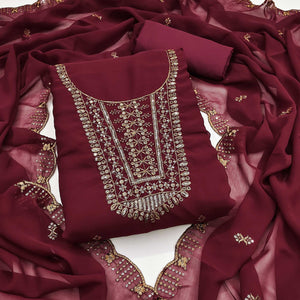 Maroon Georgette Dress Material Featuring Floral Sequins Embroidery