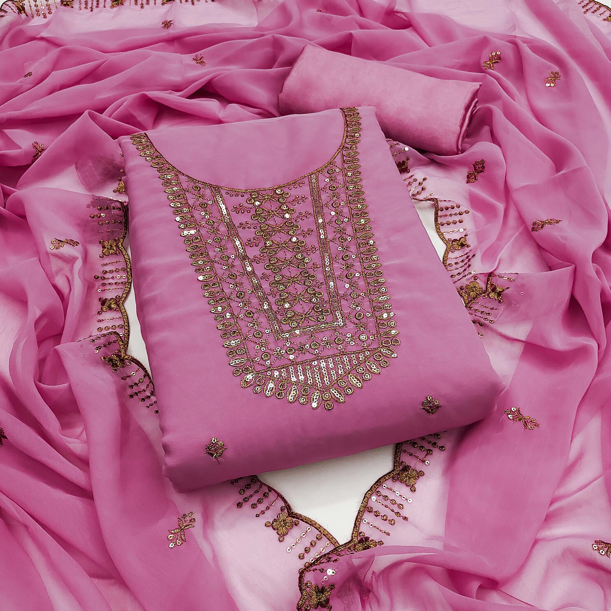 Pink Georgette Dress Material Featuring Floral Sequins Embroidery