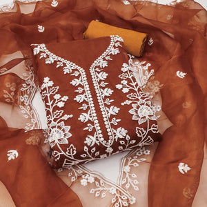 Brown Floral Embroidered Work Dress Material With Shimmering Sequin Detailing