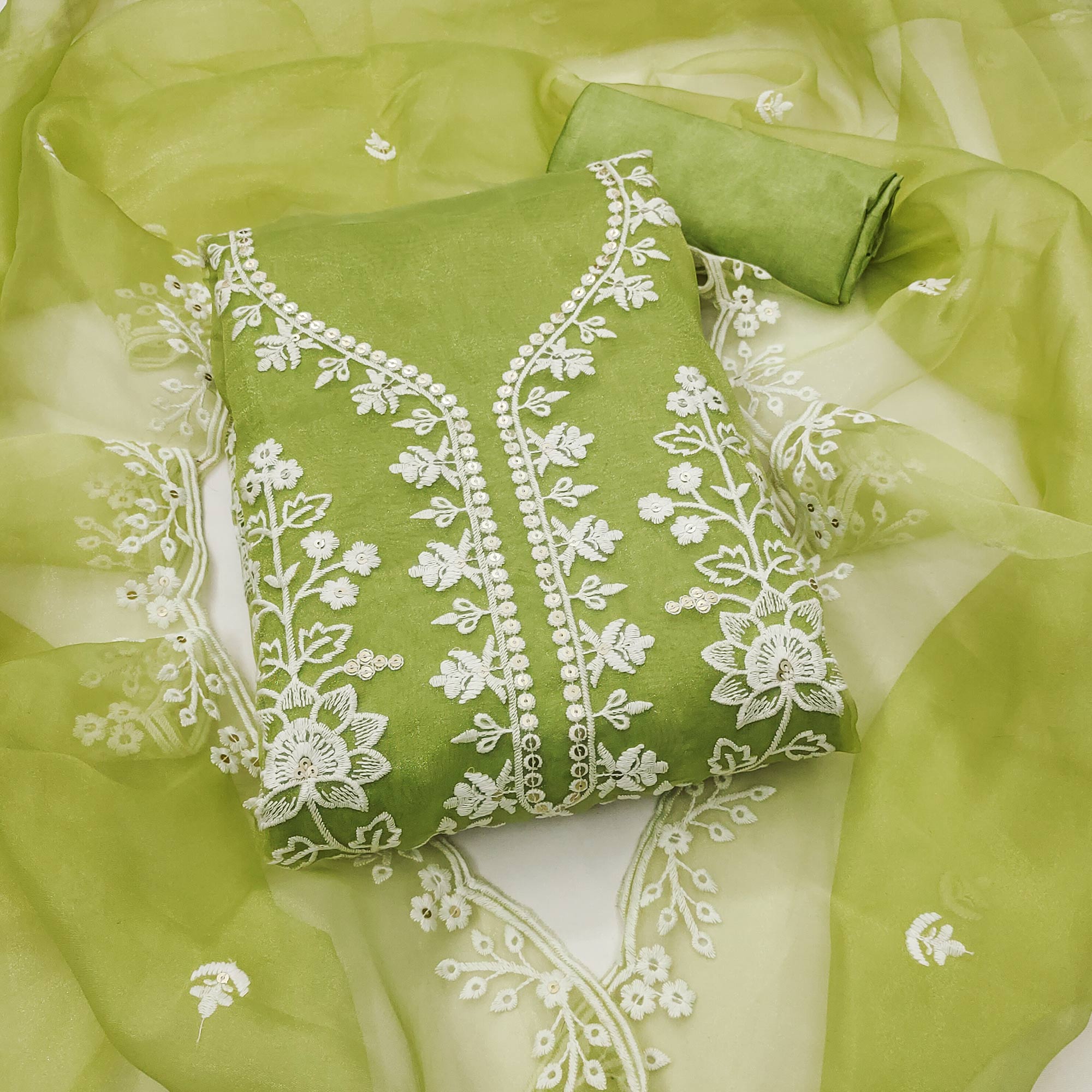 Green Floral Embroidered Work Dress Material With Shimmering Sequin Detailing