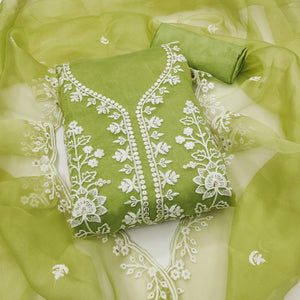 Green Floral Embroidered Work Dress Material With Shimmering Sequin Detailing