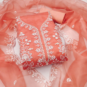Peach Floral Embroidered Work Dress Material With Shimmering Sequin Detailing