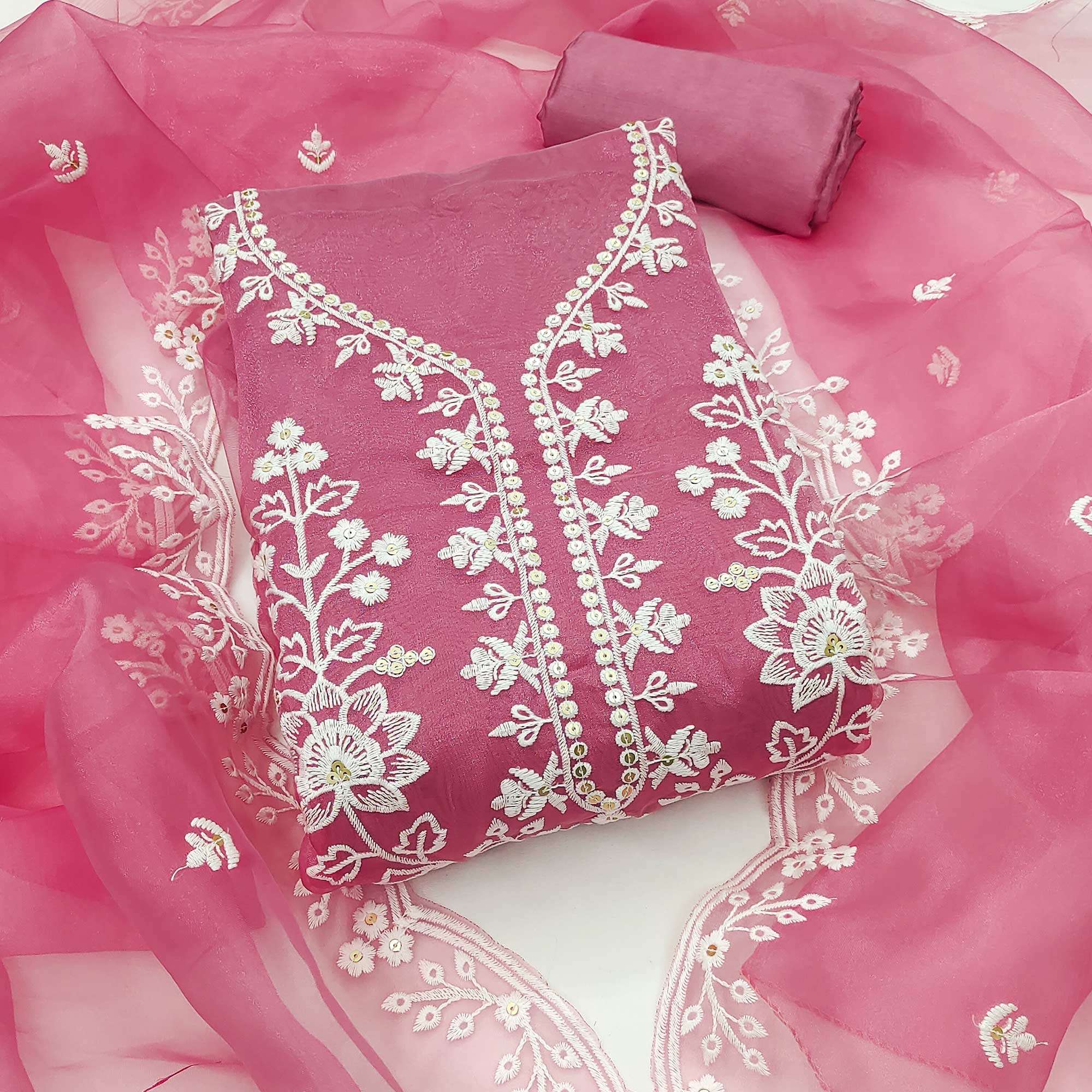 Pink Floral Embroidered Work Dress Material With Shimmering Sequin Detailing