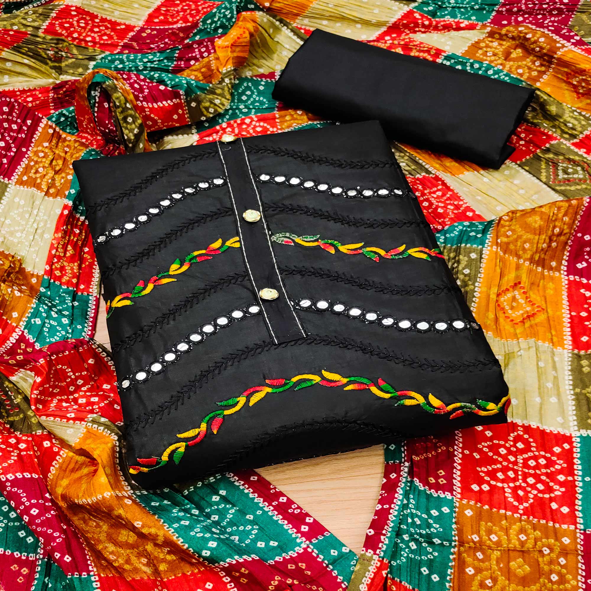 Black Cotton Blend Dress Material With Intricate Thread Embroidery & Paper Mirror Work