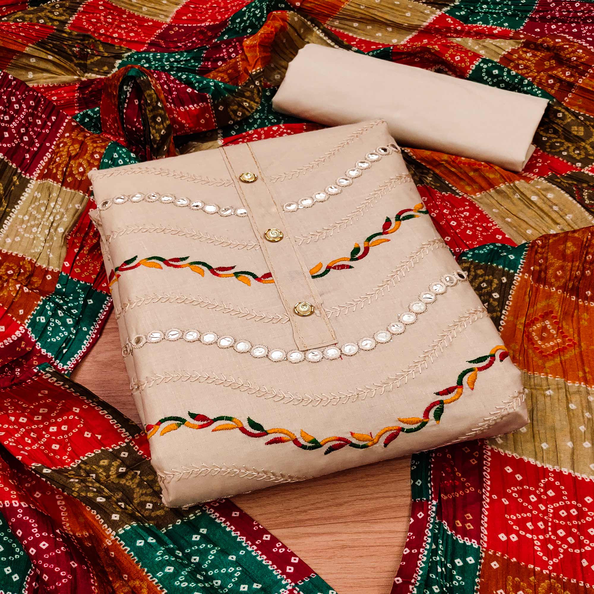 Cream Cotton Blend Dress Material With Intricate Thread Embroidery & Paper Mirror Work