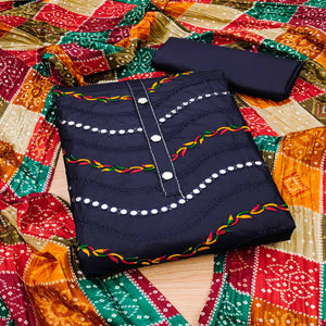 Navy Blue Cotton Blend Dress Material With Intricate Thread Embroidery & Paper Mirror Work