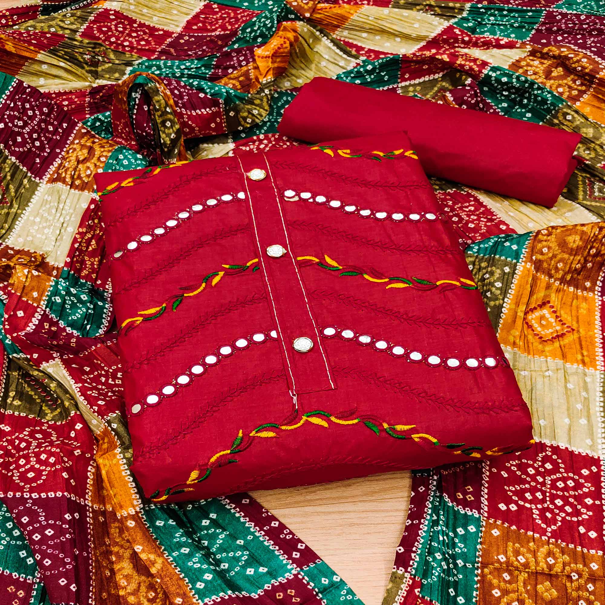 Red Cotton Blend Dress Material With Intricate Thread Embroidery & Paper Mirror Work