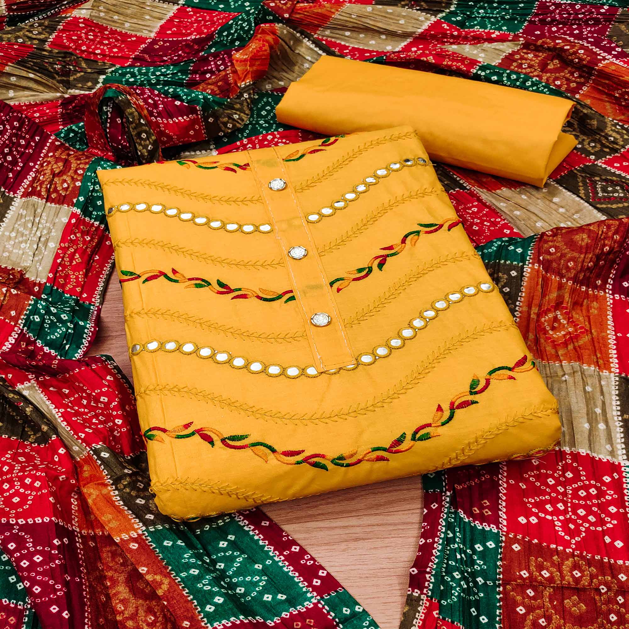 Yellow Cotton Blend Dress Material With Intricate Thread Embroidery & Paper Mirror Work