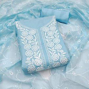 Blue Chanderi Silk Dress Material With Exquisite Floral Thread Embroidery