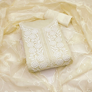 Cream Chanderi Silk Dress Material With Exquisite Floral Thread Embroidery