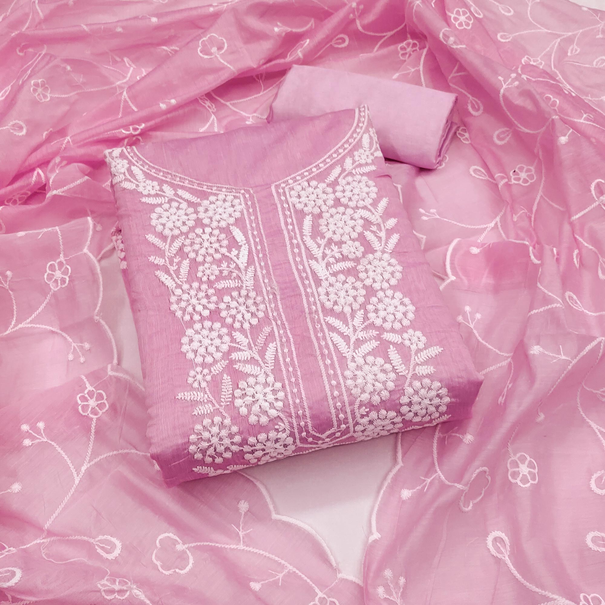 Pink Chanderi Silk Dress Material With Exquisite Floral Thread Embroidery