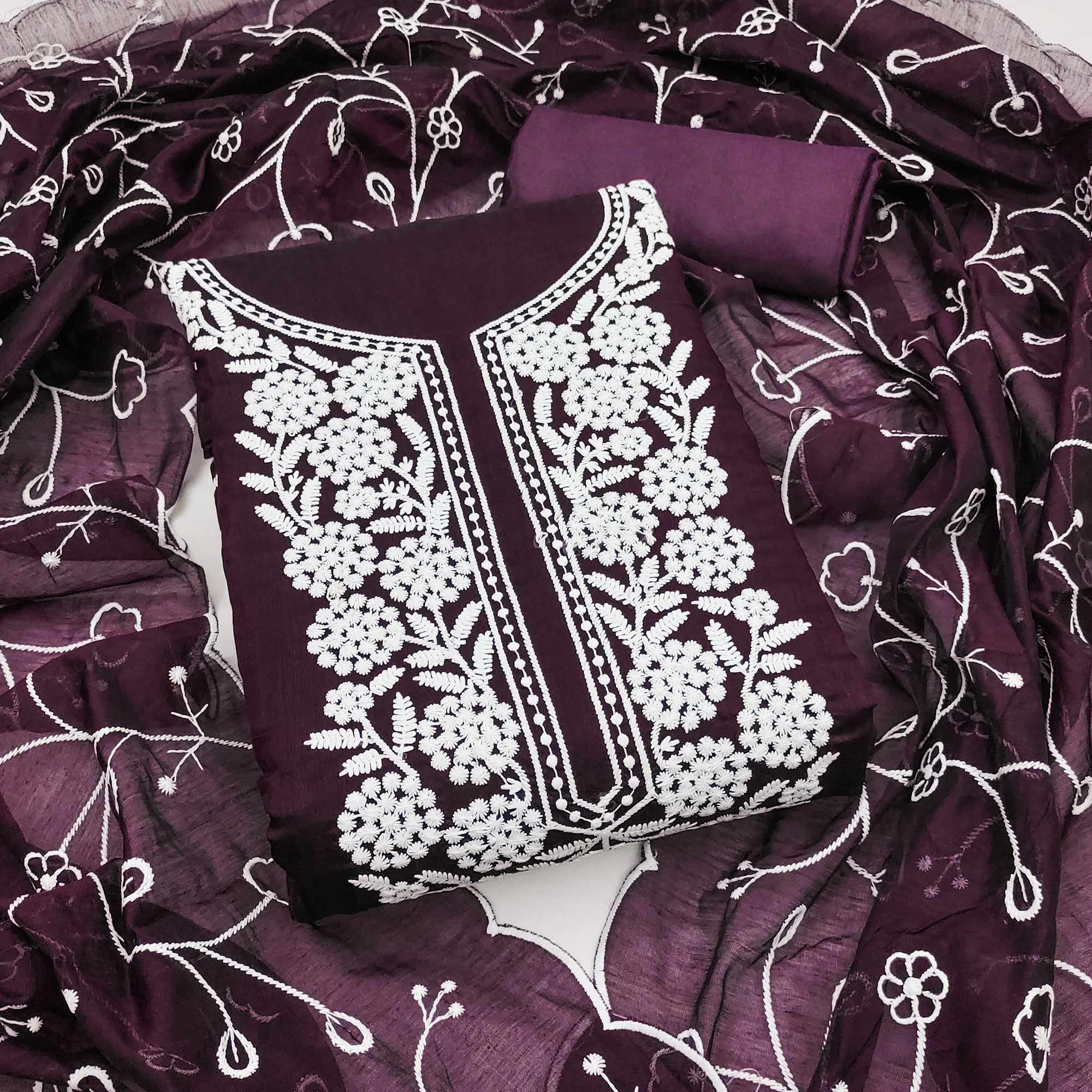 Wine Chanderi Silk Dress Material With Exquisite Floral Thread Embroidery