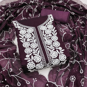 Wine Chanderi Silk Dress Material With Exquisite Floral Thread Embroidery