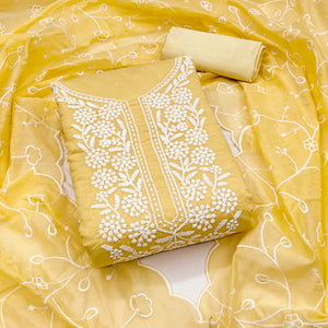 Yellow Chanderi Silk Dress Material With Exquisite Floral Thread Embroidery