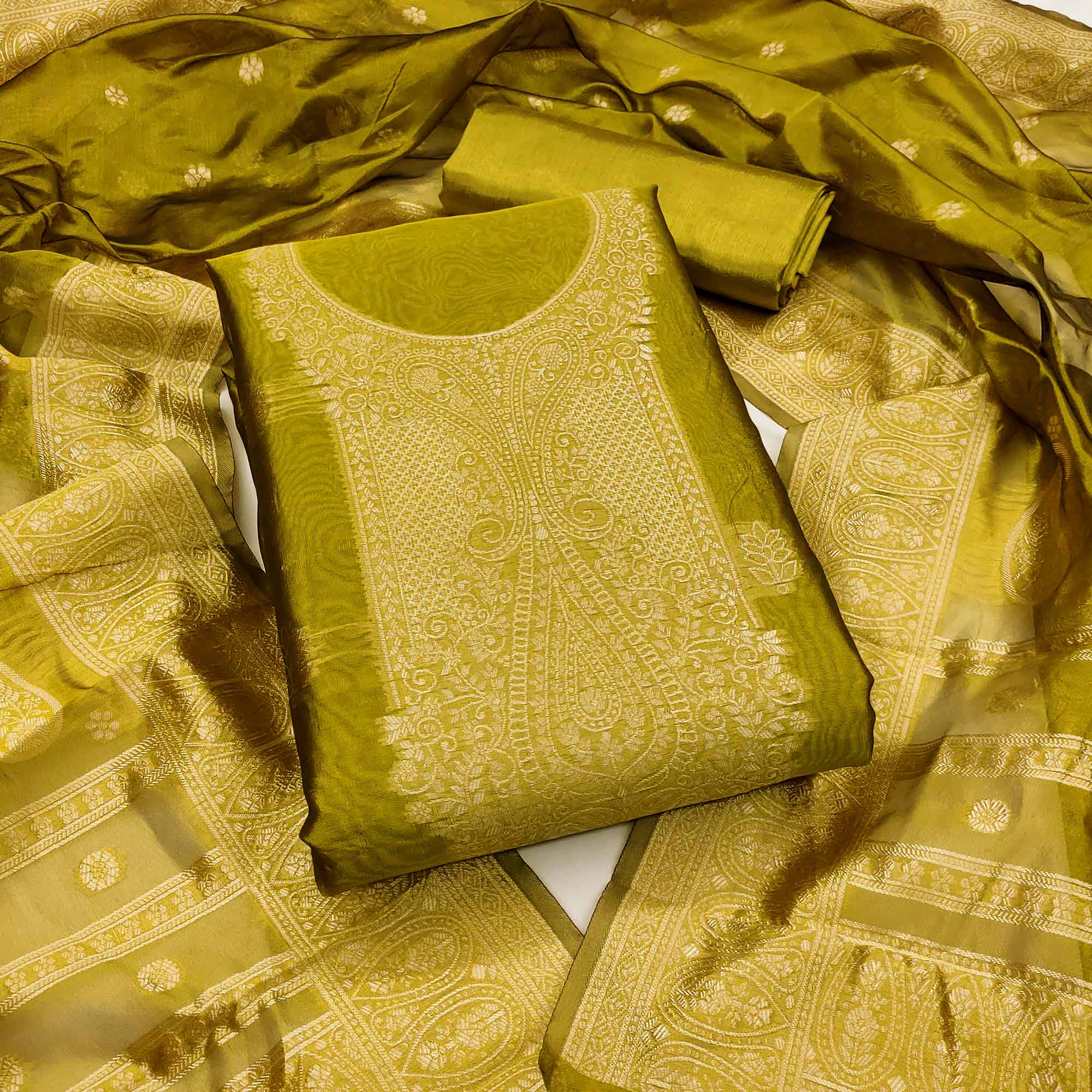 Green Zari Floral Jacquard Weaving on Shimmer Silk Dress Material