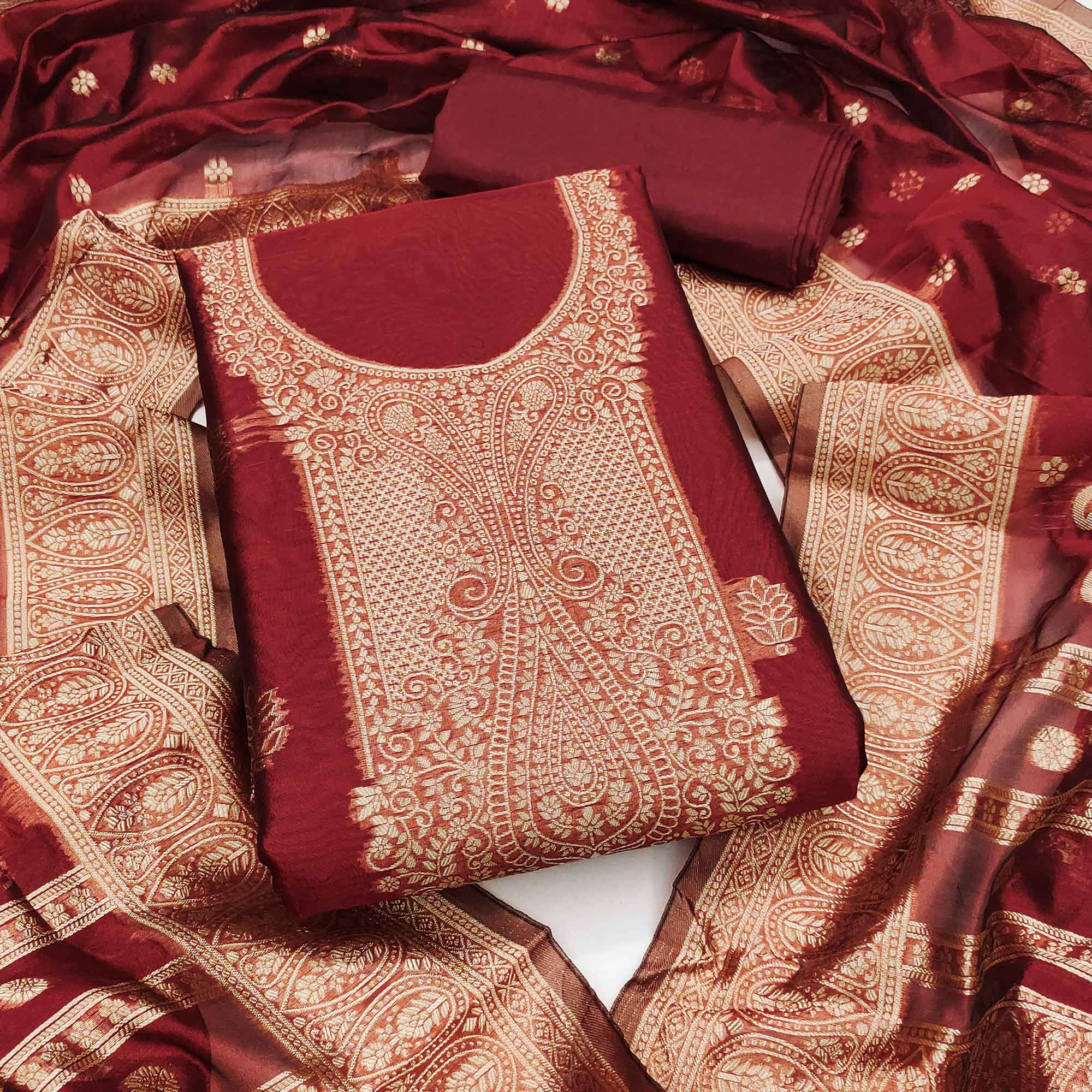 Maroon Zari Floral Jacquard Weaving on Shimmer Silk Dress Material