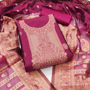 Wine Zari Floral Jacquard Weaving on Shimmer Silk Dress Material