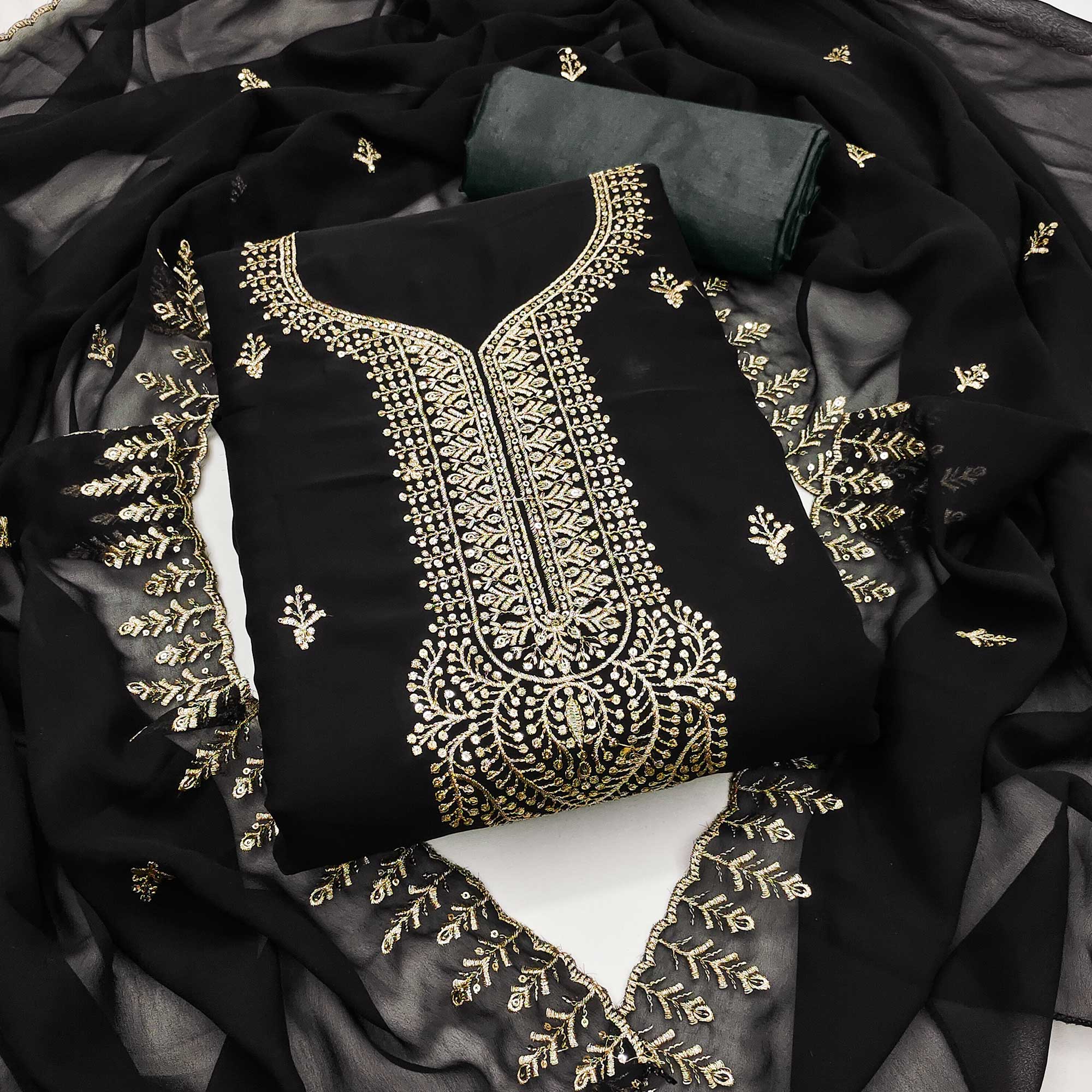 Black Georgette Dress Material Adorned With Floral Zari & Sequin Embroidery