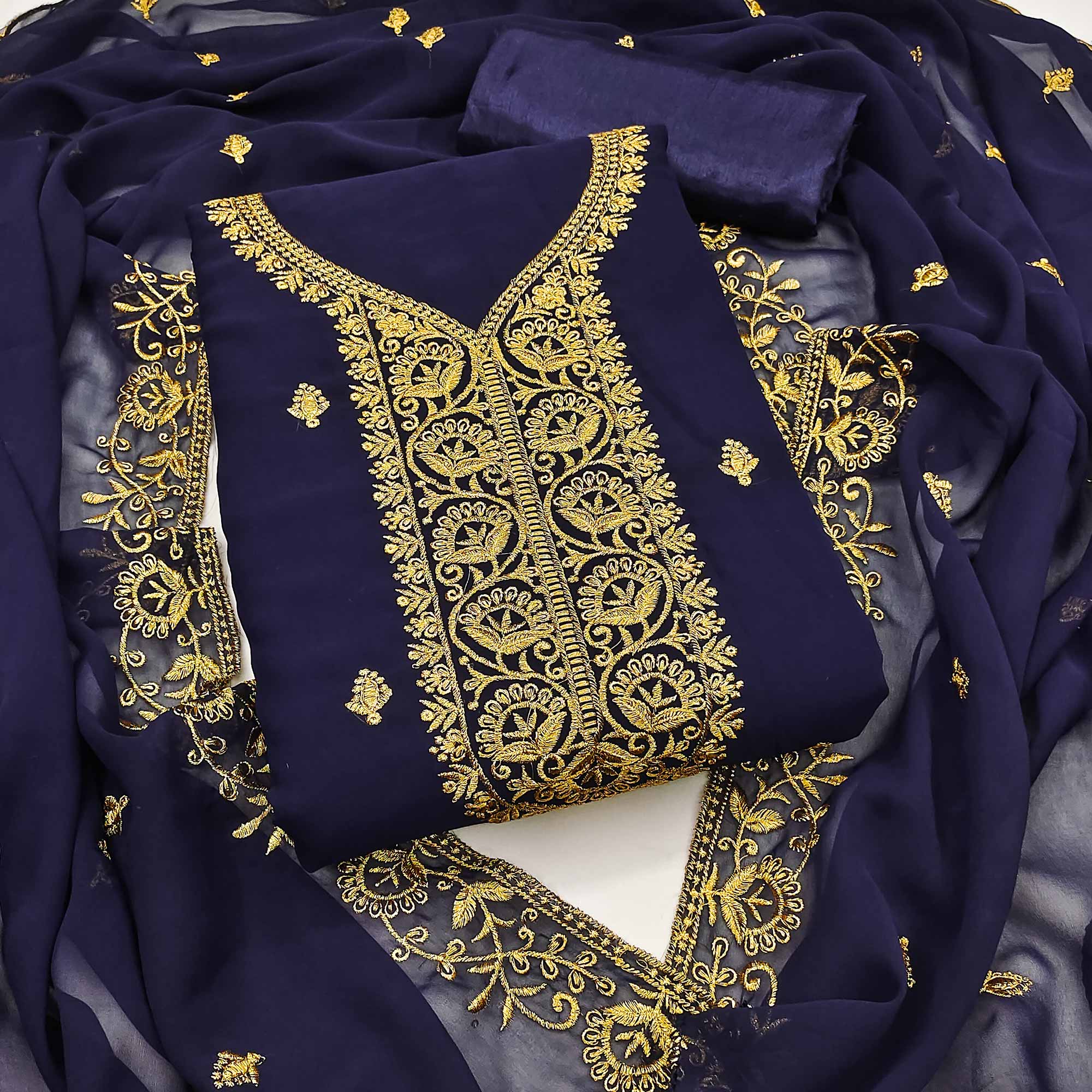Navy Blue Georgette Dress Material With Intricate Floral Zari Embroidery