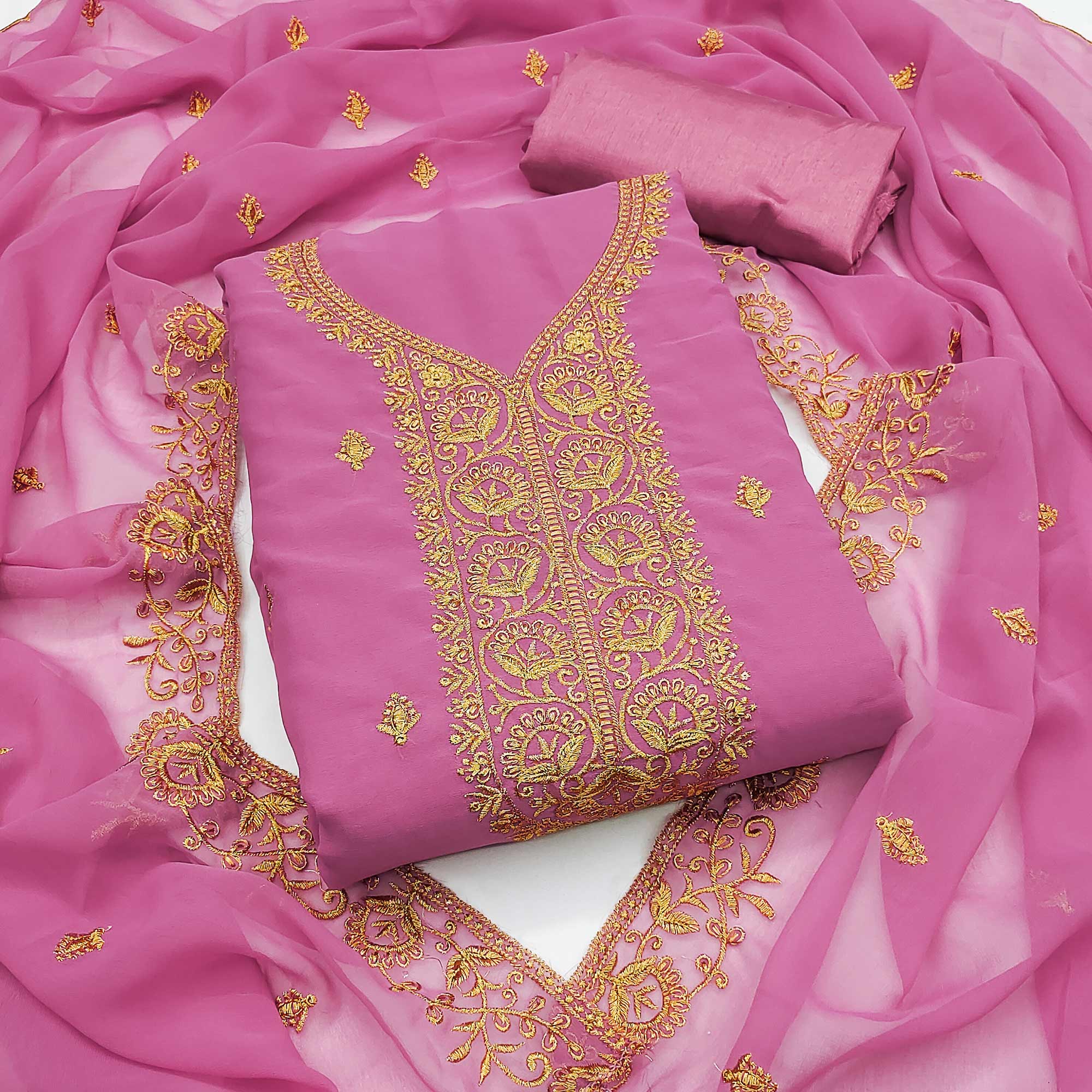 Pink Georgette Dress Material With Intricate Floral Zari Embroidery