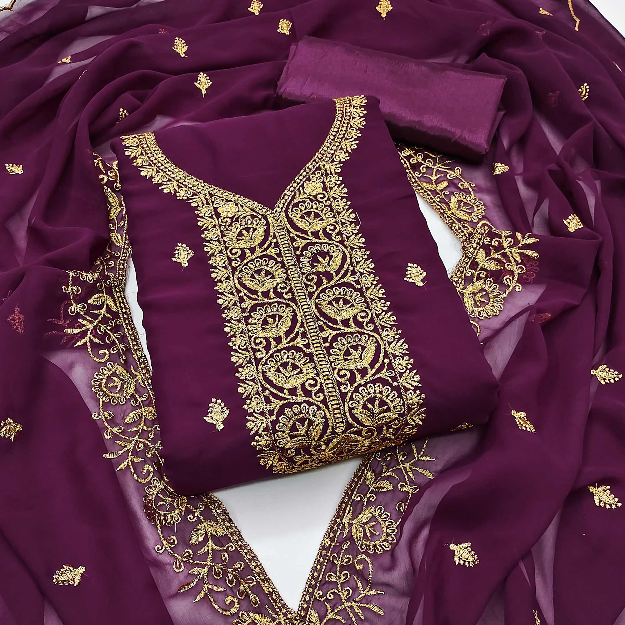 Wine Georgette Dress Material With Intricate Floral Zari Embroidery