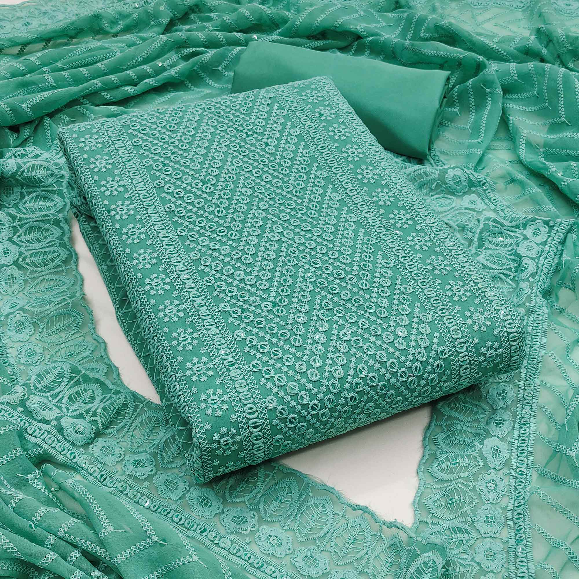 Persian Green Georgette Dress Material With Alluring Sequin Embroidery