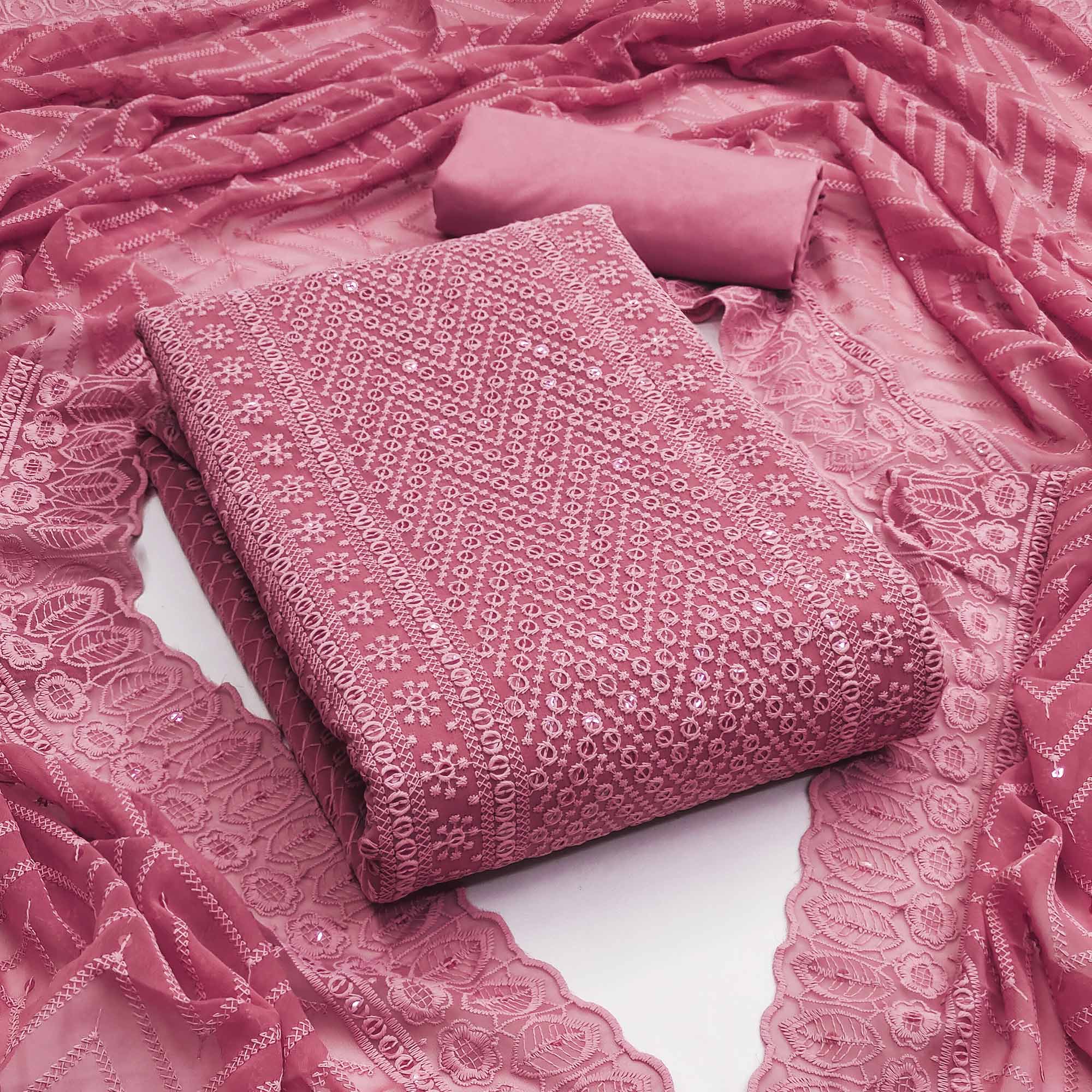 Pink Georgette Dress Material With Alluring Sequin Embroidery