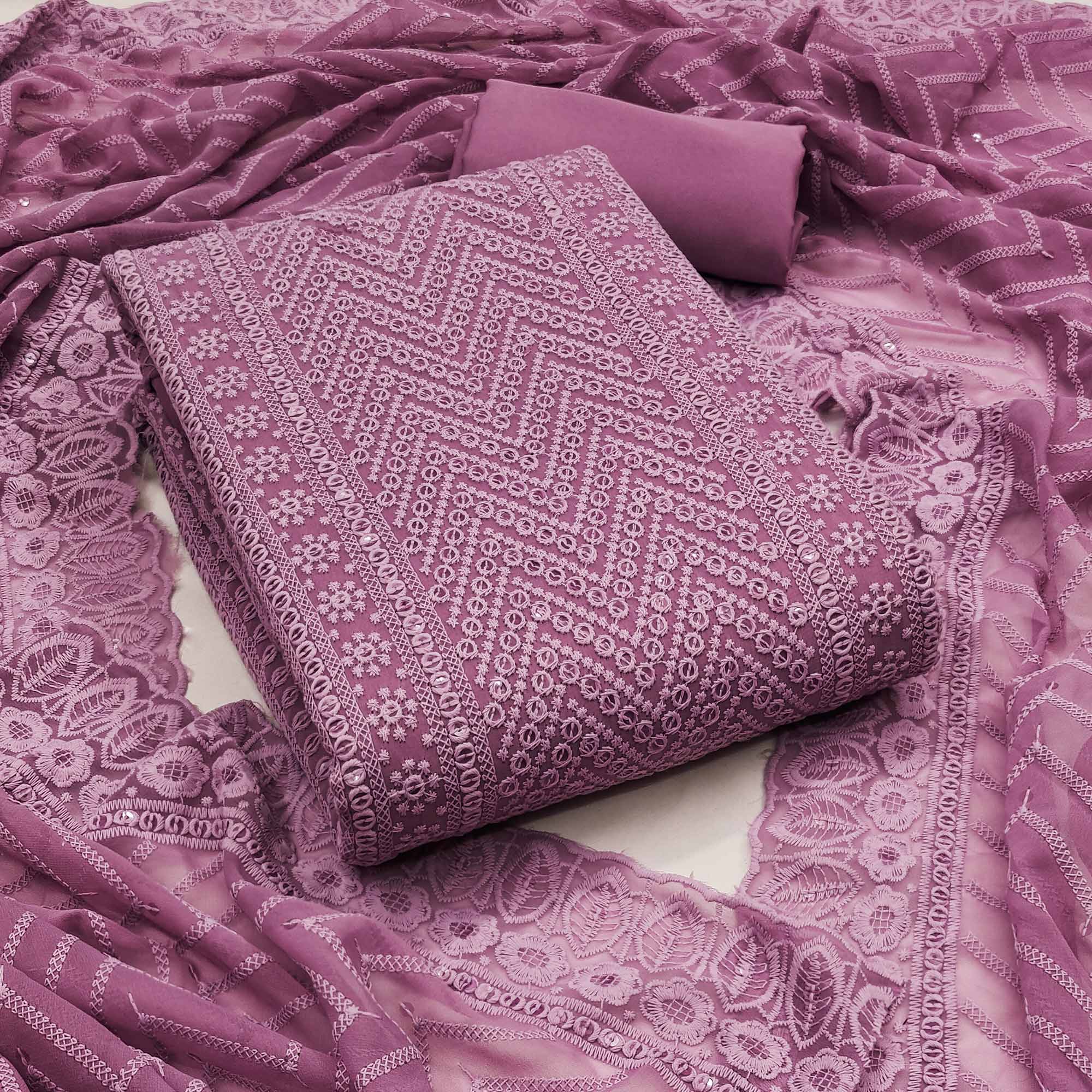 Purple Georgette Dress Material With Alluring Sequin Embroidery