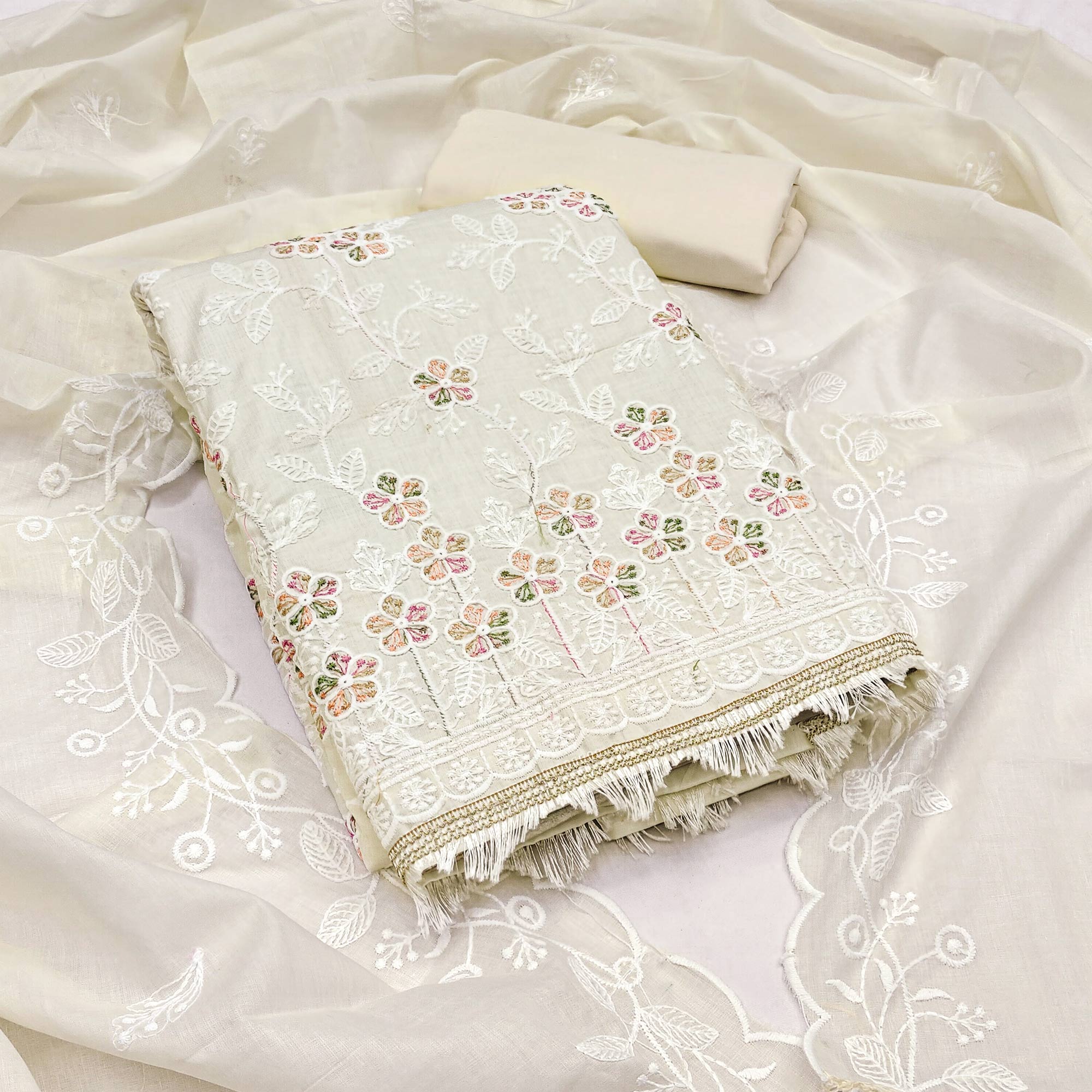 Cream Cotton Blend Dress Material With Delicate Floral Thread Embroidery