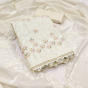 Cream Cotton Blend Dress Material With Delicate Floral Thread Embroidery