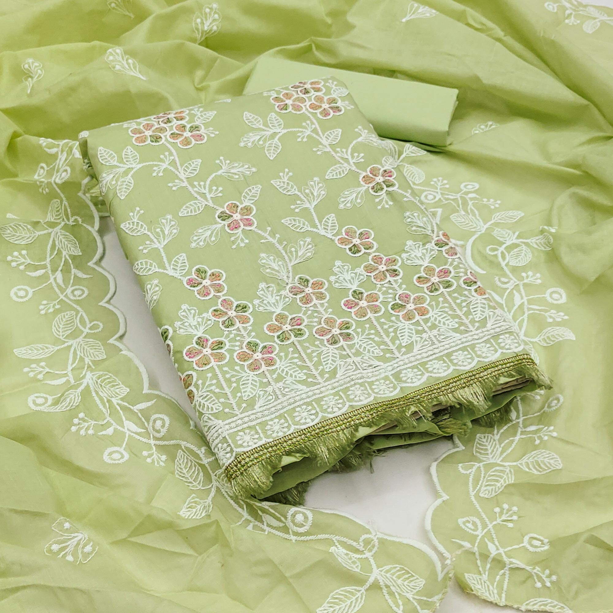 Green Cotton Blend Dress Material With Delicate Floral Thread Embroidery UNSTITCHED