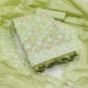 Green Cotton Blend Dress Material With Delicate Floral Thread Embroidery