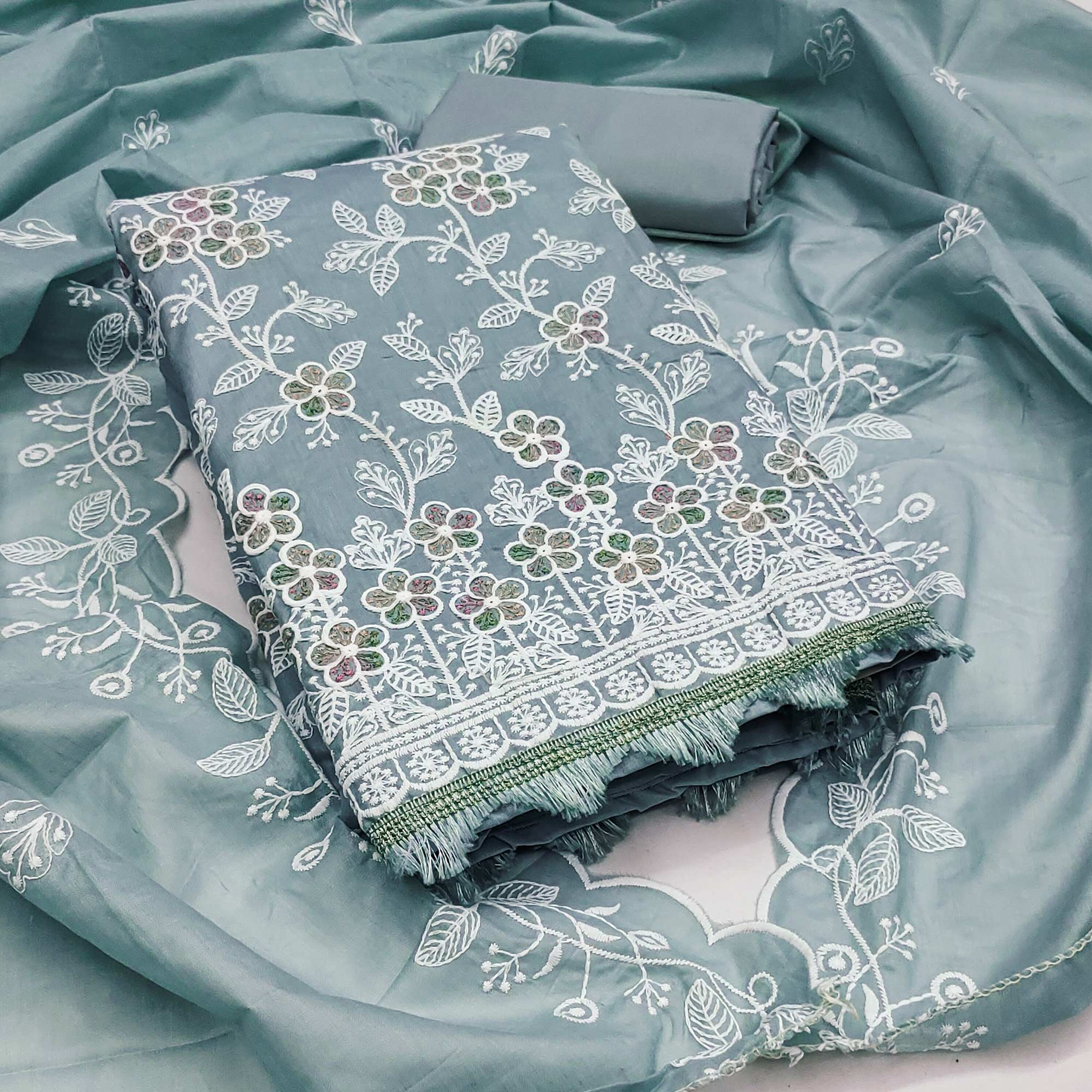 Grey Cotton Blend Dress Material With Delicate Floral Thread Embroidery