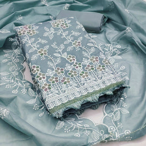 Grey Cotton Blend Dress Material With Delicate Floral Thread Embroidery