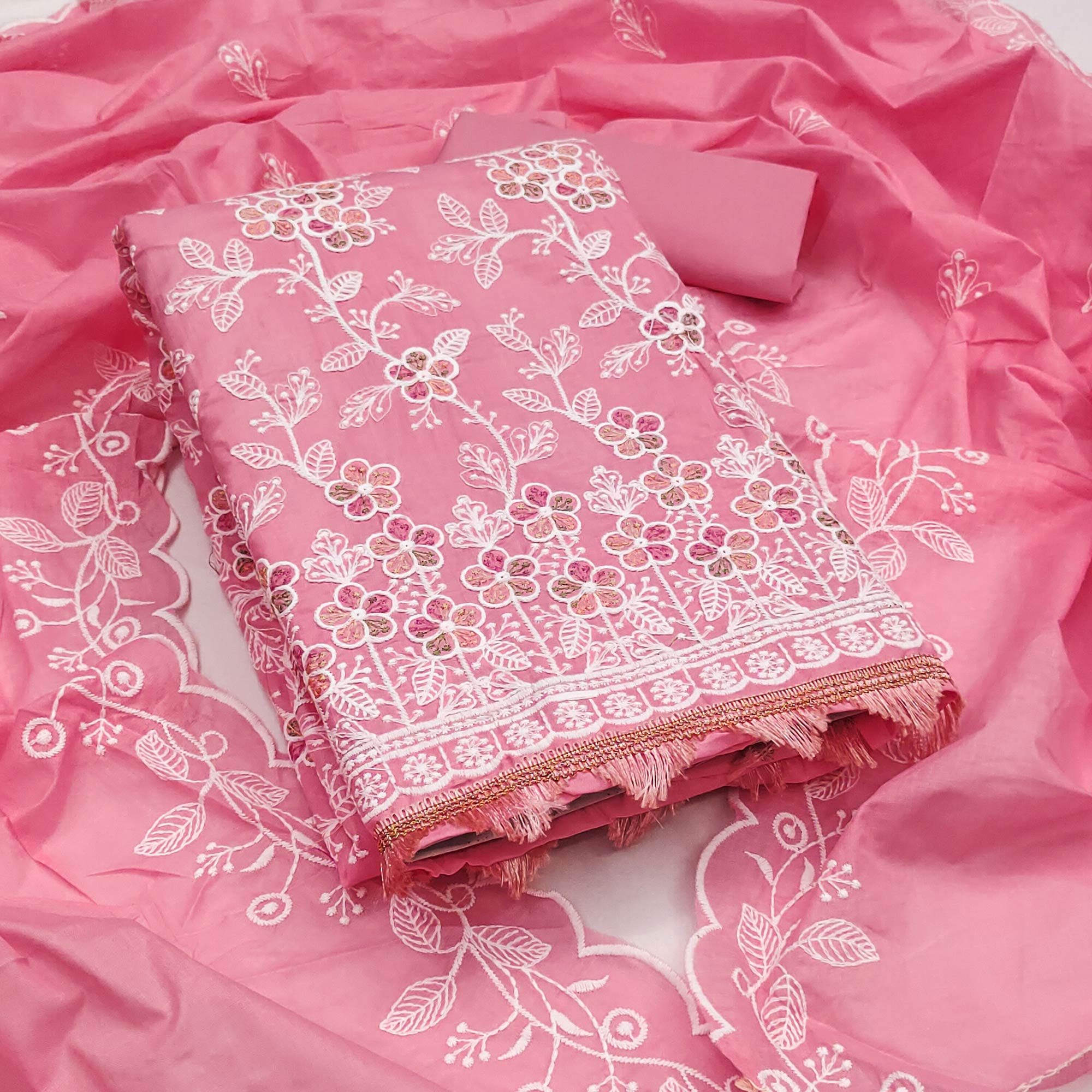 Pink Cotton Blend Dress Material With Delicate Floral Thread Embroidery