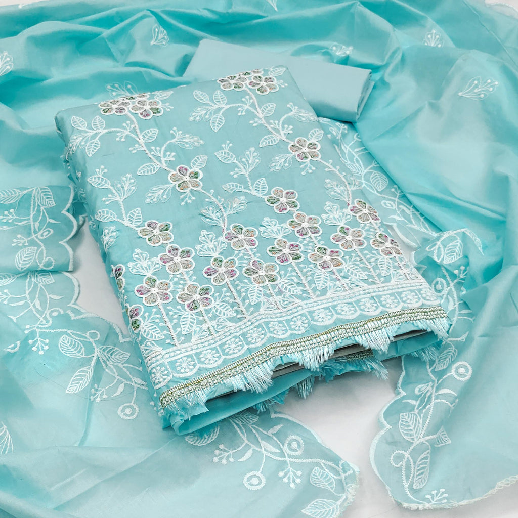 Sky Blue Cotton Blend Dress Material With Delicate Floral Thread Embro