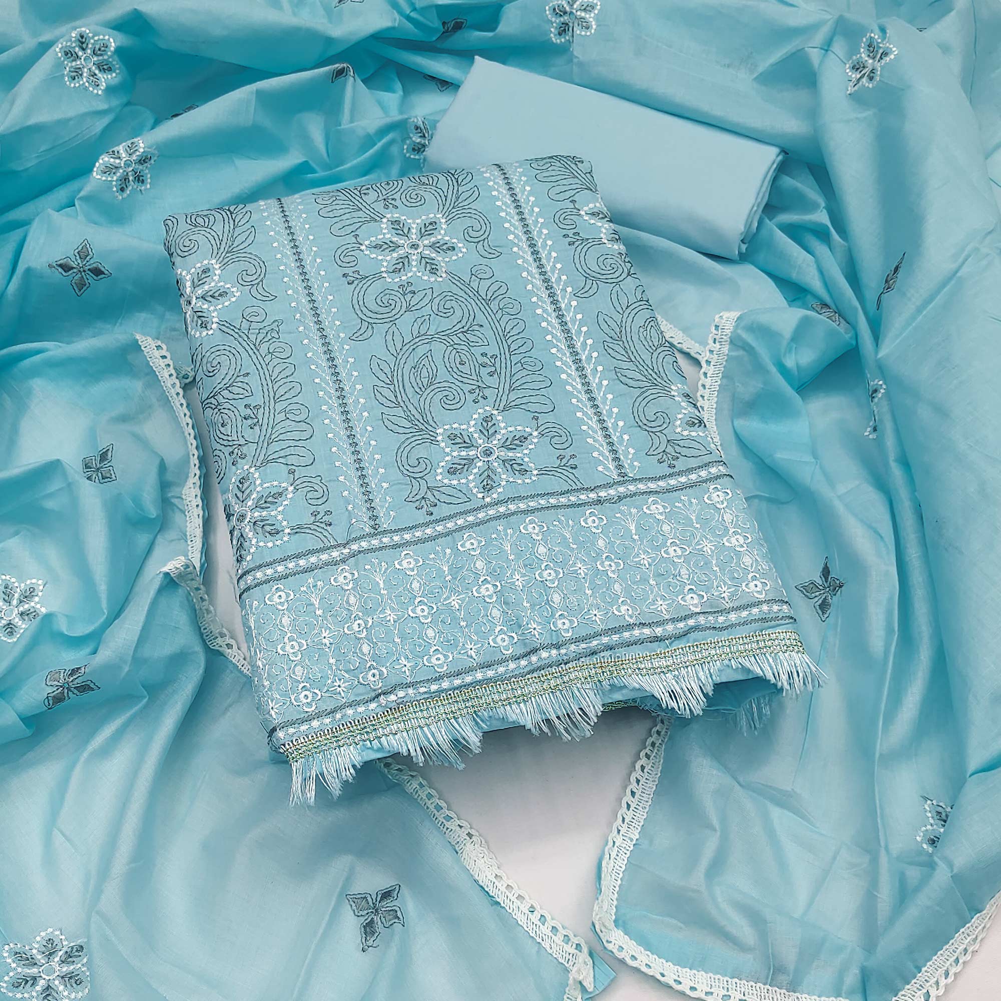 Blue Cotton Blend Dress Material With Intricate Floral Thread Embroidery Work