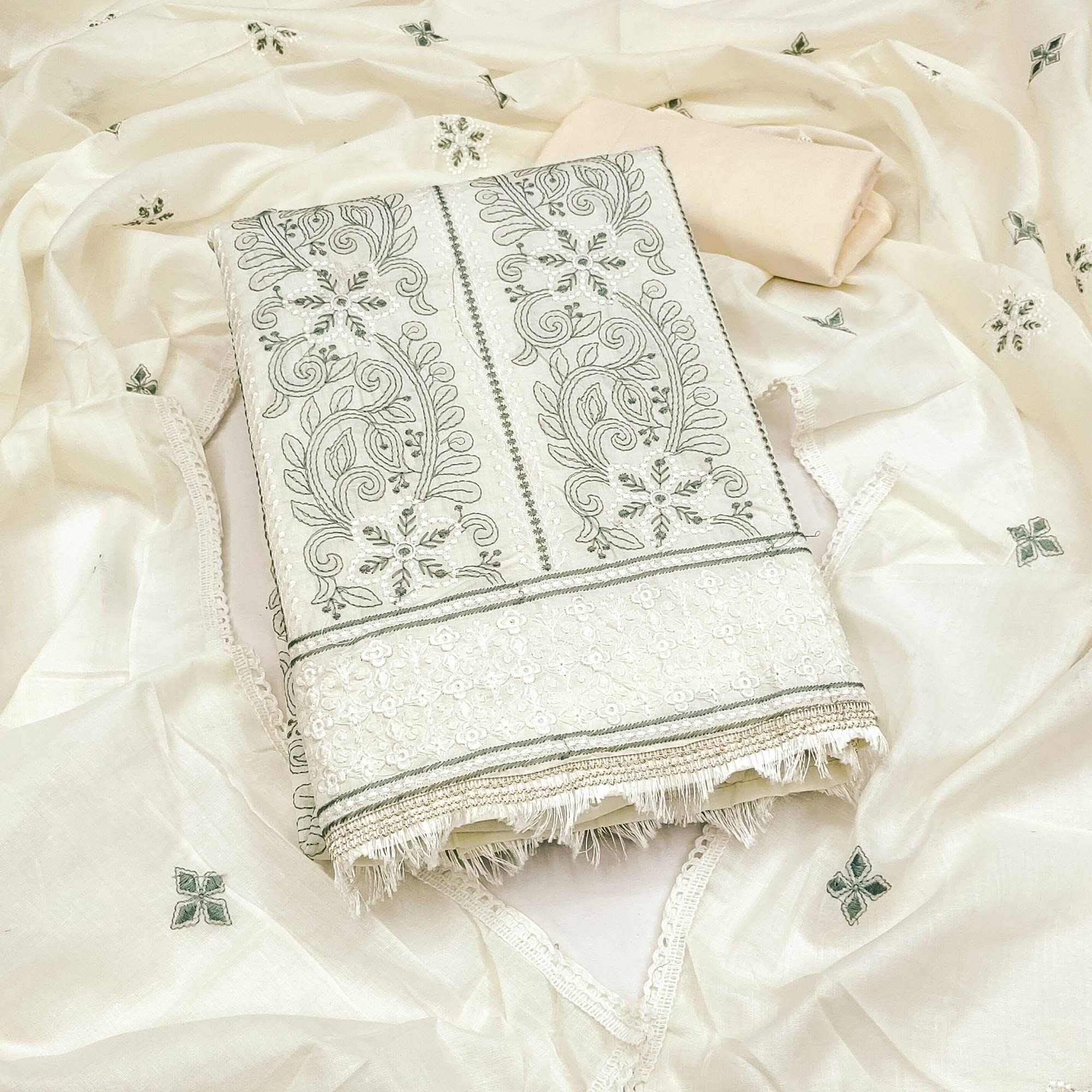 Cream Cotton Blend Dress Material With Intricate Floral Thread Embroidery Work