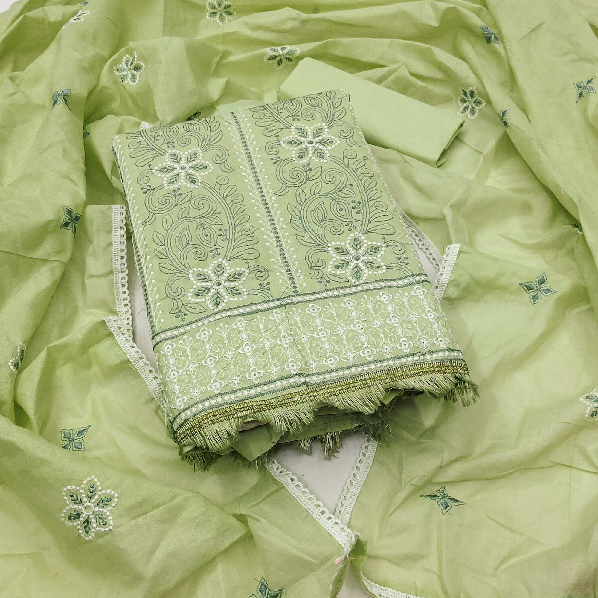 Green Cotton Blend Dress Material With Intricate Floral Thread Embroidery Work