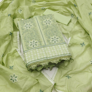 Green Cotton Blend Dress Material With Intricate Floral Thread Embroidery Work