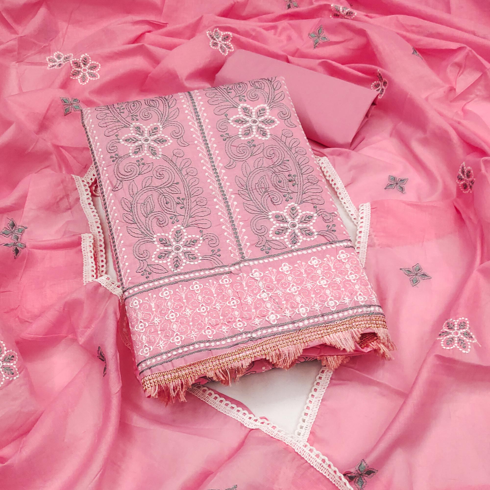 Pink Cotton Blend Dress Material With Intricate Floral Thread Embroidery Work