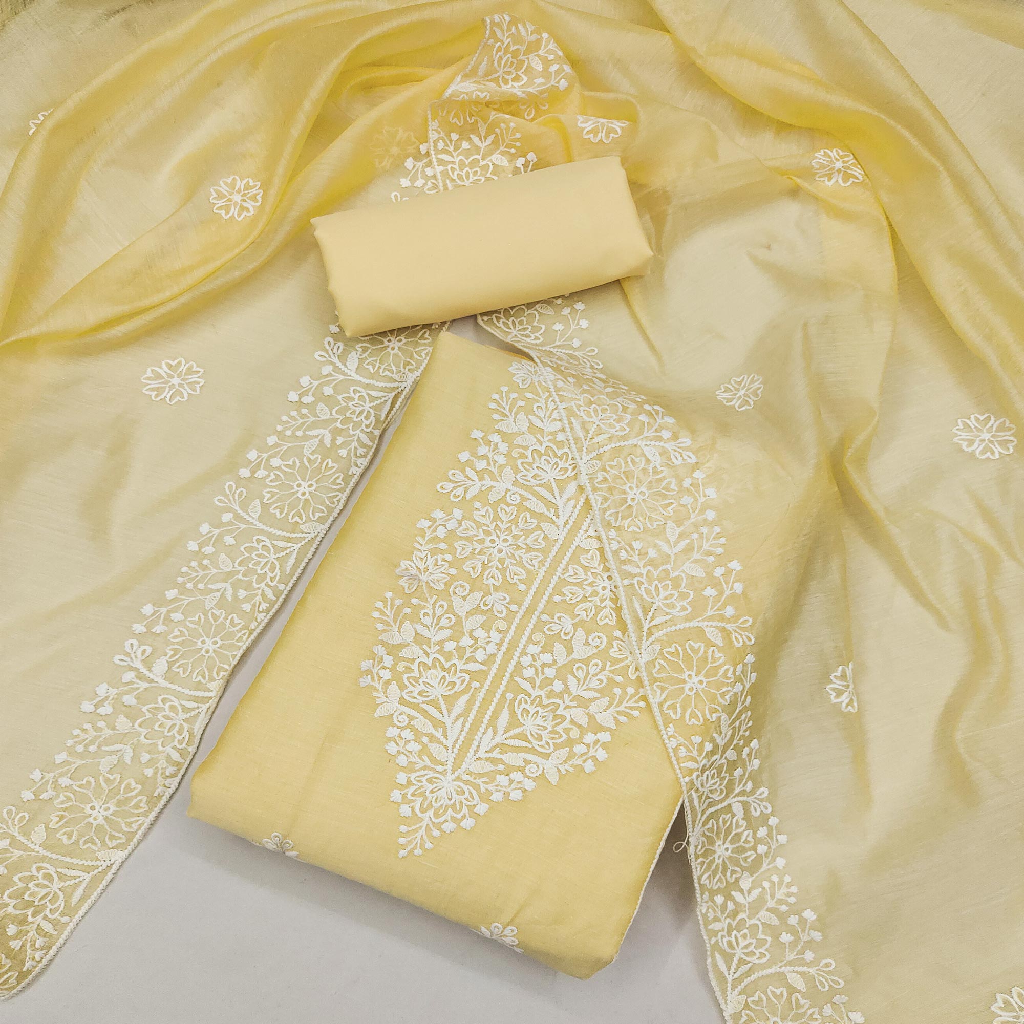 Light Yellow Floral Embroidered Chanderi Silk Dress Material For Graceful Styling
