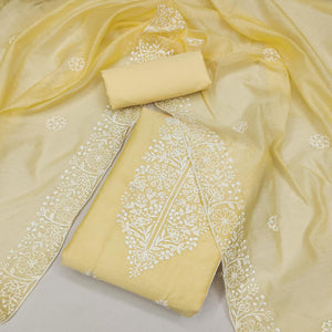 Light Yellow Floral Embroidered Chanderi Silk Dress Material For Graceful Styling