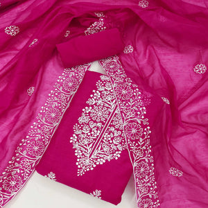 Rani Pink Floral Embroidered Chanderi Silk Dress Material For Graceful Styling