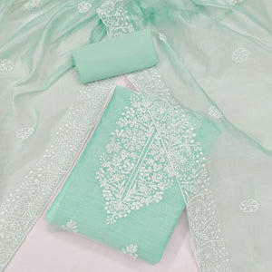 Turquoise Floral Embroidered Chanderi Silk Dress Material For Graceful Styling