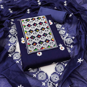 Navy Blue Chanderi Cotton Suit Material with Graceful Embroidery