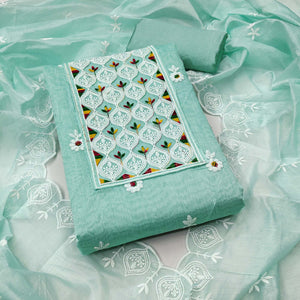 Sea Green Chanderi Cotton Suit Material with Graceful Embroidery